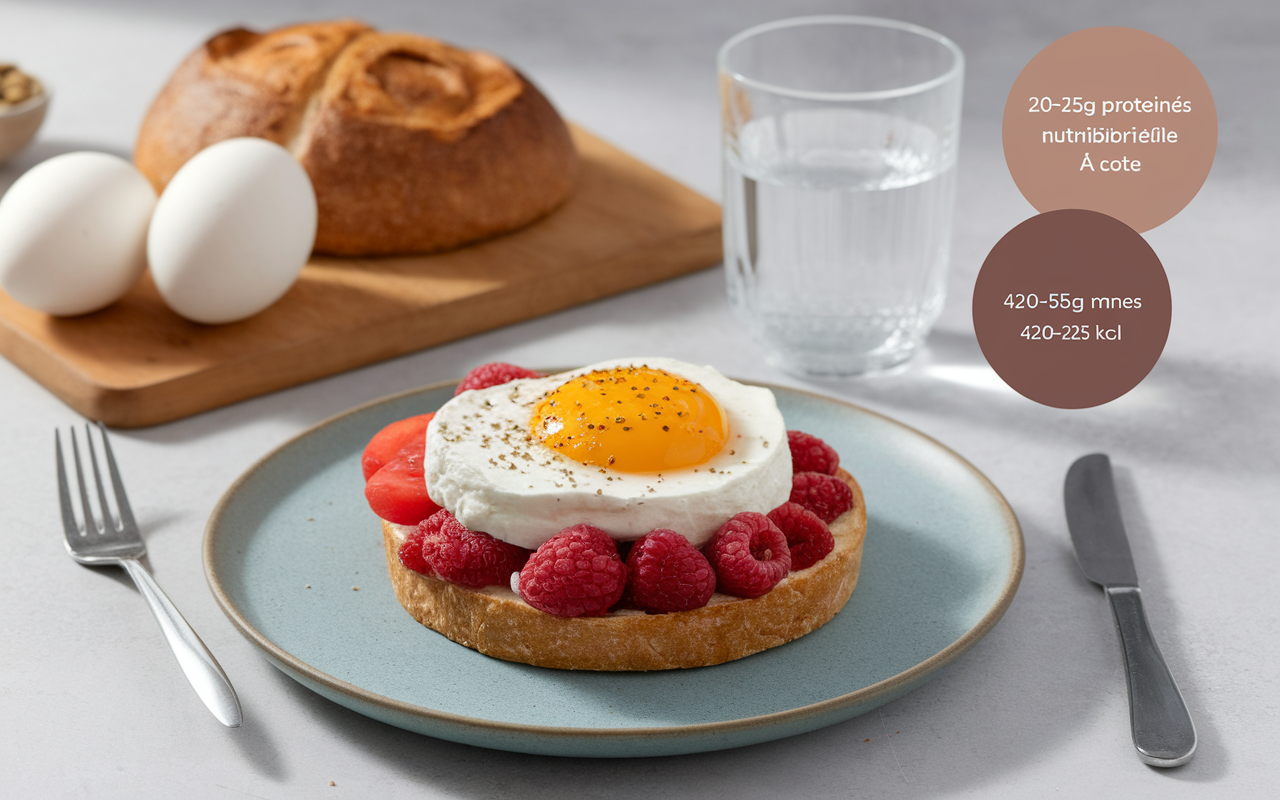 assiette equilibree petit dejeuner sante oeufs pain complet fruits rouges noix yaourt eau