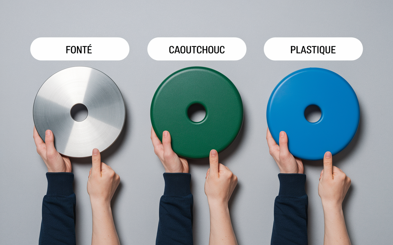 Trois types poids musculation 20kg fonte caoutchouc plastique