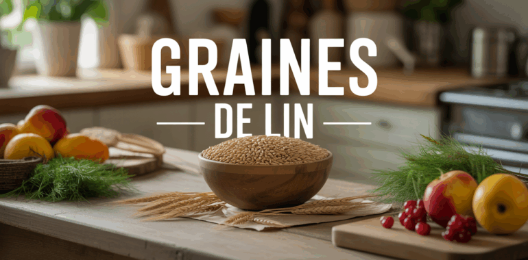 Bol de graines de lin sur table, energie et fibres