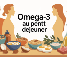 Petit déjeuner riche en oméga-3 avec muesli, graines, saumon, oeufs enrichis