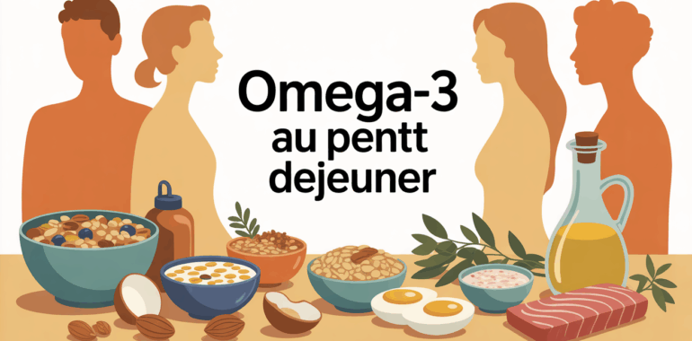 Petit déjeuner riche en oméga-3 avec muesli, graines, saumon, oeufs enrichis