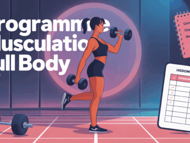 Illustration femme musculation full body PDF, haltères sur tapis