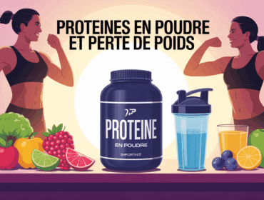Pot de proteine en poudre et shaker sur table avec fruits