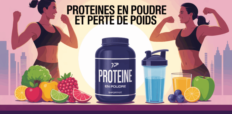 Pot de proteine en poudre et shaker sur table avec fruits