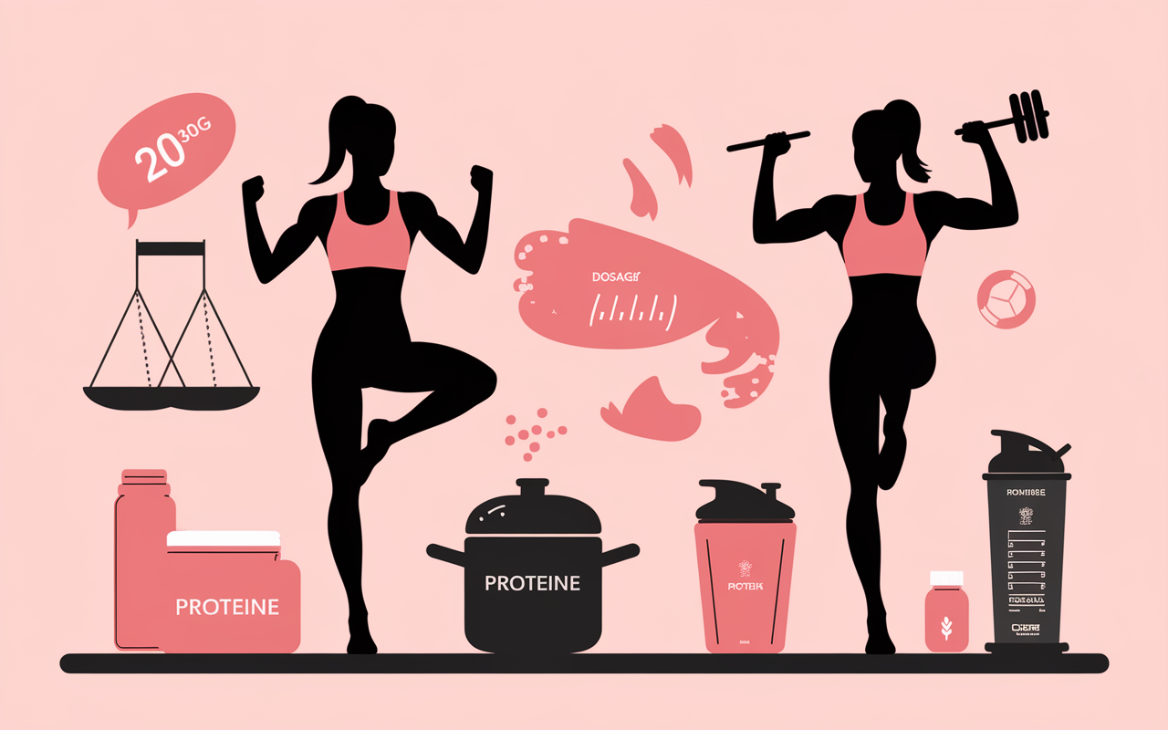 Pot de proteine, shaker et balance sur cuisine avec silhouettes