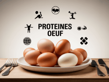 oeufs entiers sur assiette table bois clair texte proteines oeuf