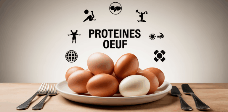 oeufs entiers sur assiette table bois clair texte proteines oeuf
