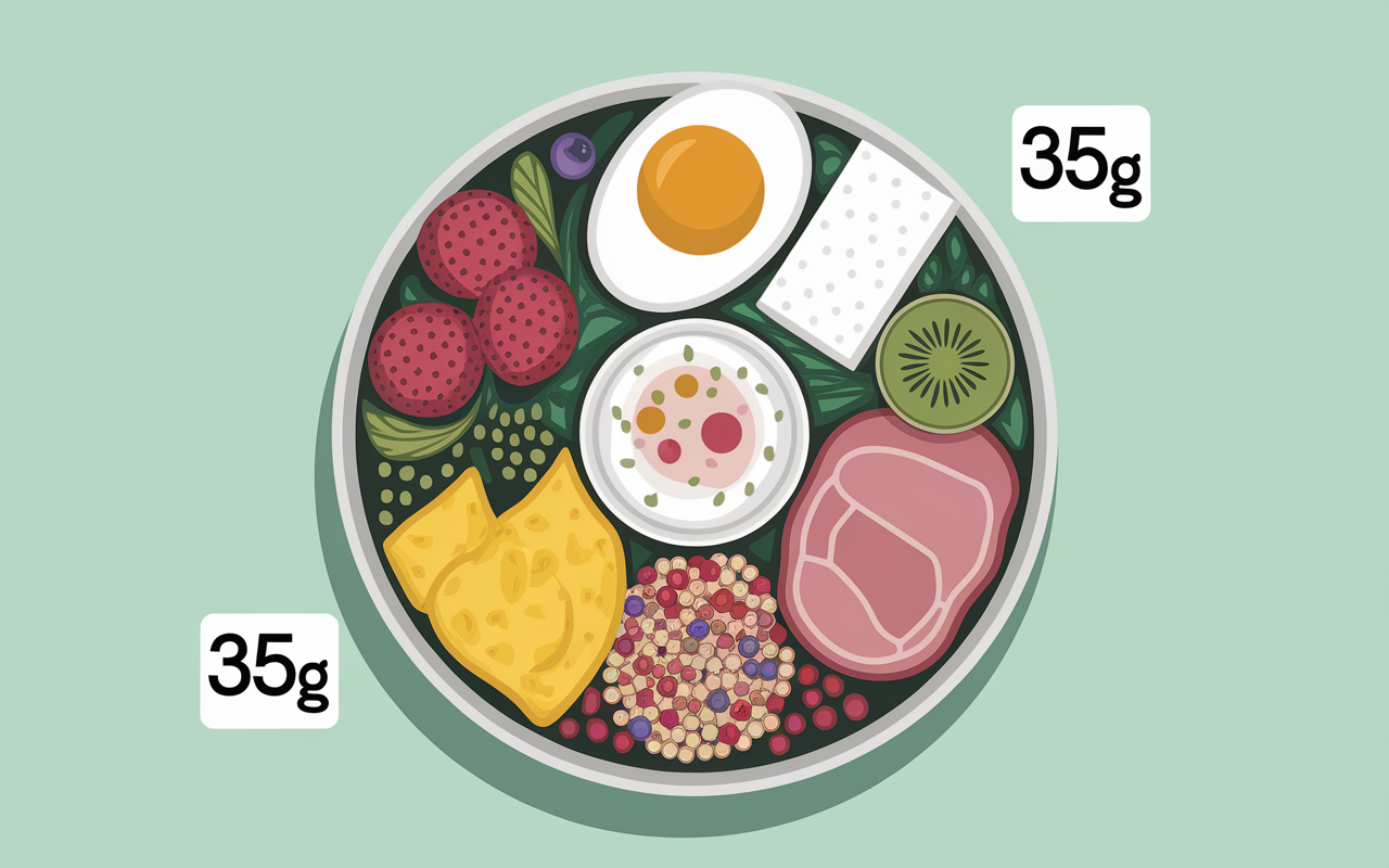 Assortiment aliments 35g proteine petit dejeuner oeufs yaourt tofu jambon