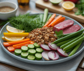 assiette minceur soirée légumes protéines féculents noix