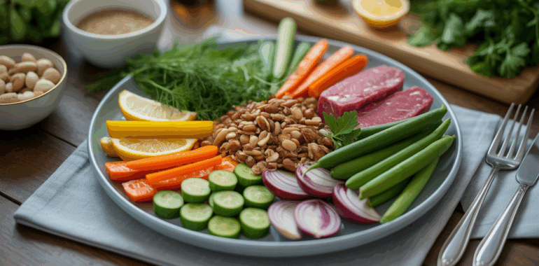 assiette minceur soirée légumes protéines féculents noix