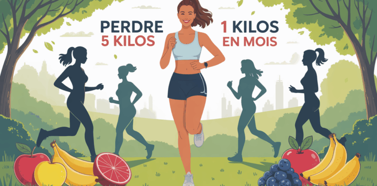 Femme sport souriante perdre 5 kilos en 1 mois parc et fruits