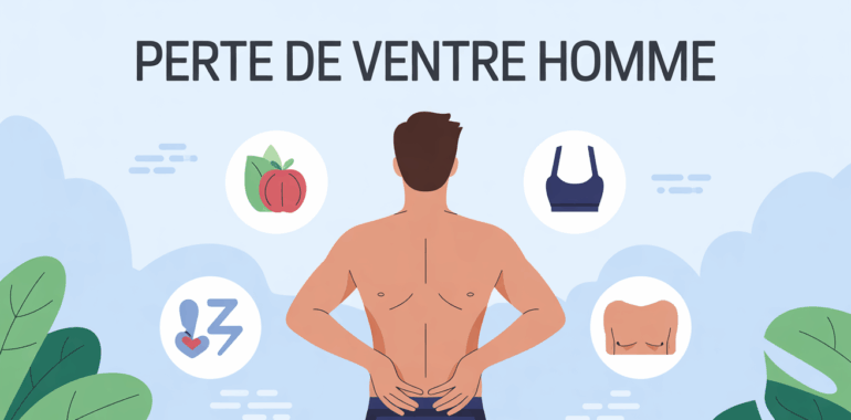 perte de ventre homme avec icones alimentation sport sommeil stress
