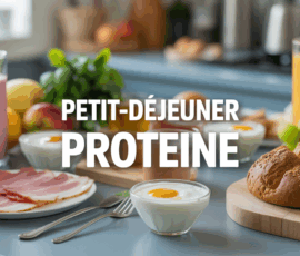 Petit dejeuner proteine sur table avec yaourt grec oeufs jambon pain smoothie fruits