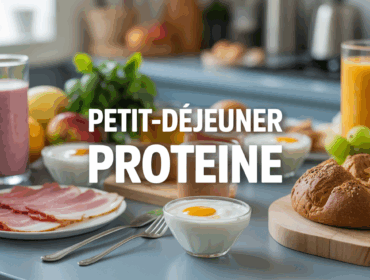 Petit dejeuner proteine sur table avec yaourt grec oeufs jambon pain smoothie fruits