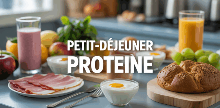 Petit dejeuner proteine sur table avec yaourt grec oeufs jambon pain smoothie fruits