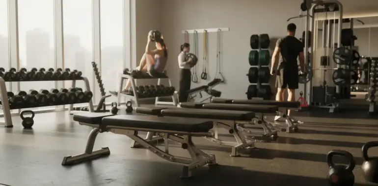 vue d'ensemble bancs lombaires salle musculation