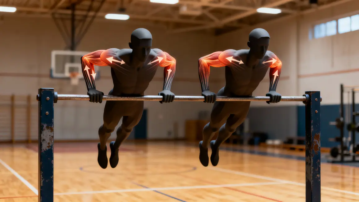 Démonstration dips sur barre et zones musculaires triceps pectoraux