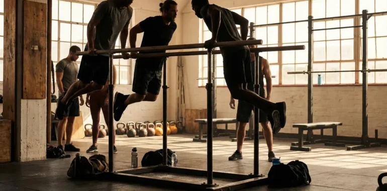 Barre de dips stable au centre d'un espace musculation lumineux