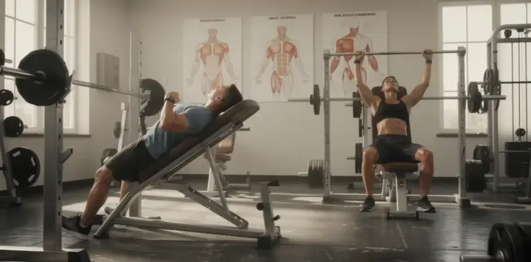 Salle musculation banc décliné dips et panneaux pectoraux