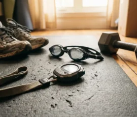 chronometre de sport pose sur tapis avec equipement