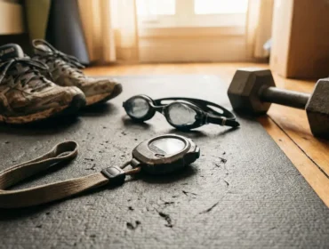chronometre de sport pose sur tapis avec equipement