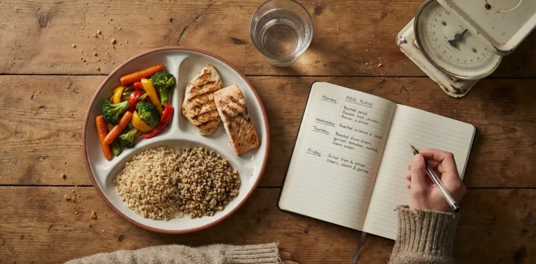 Assiette équilibrée déficit calorique et outils suivi nutrition