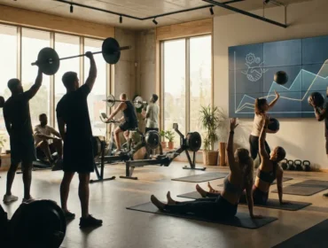 Salle entraînement moderne, ambiance motivation, progression collective Sportrip
