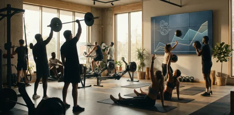 Salle entraînement moderne, ambiance motivation, progression collective Sportrip