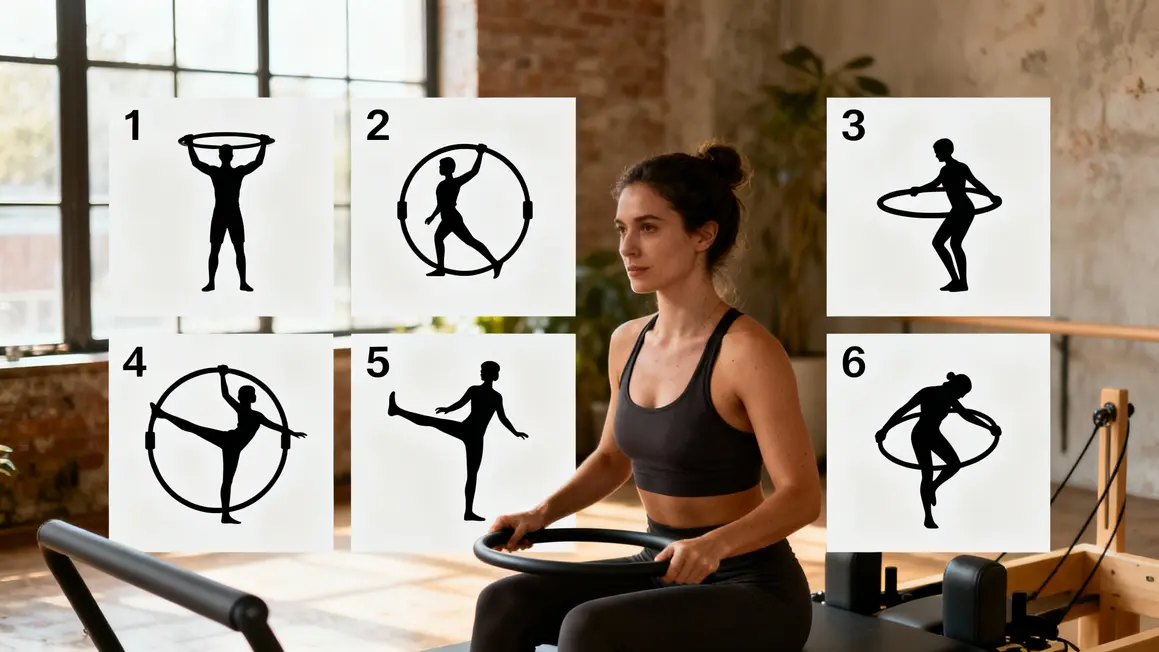 tableau exercices anneau Pilates mouvements silhouettes