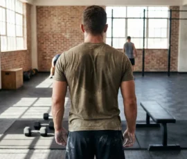 personne debout dos musclé posture haltères salle de sport
