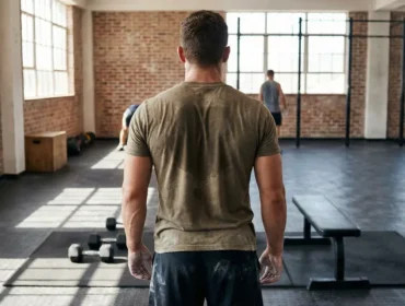 personne debout dos musclé posture haltères salle de sport