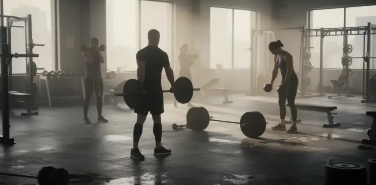 Séance musculation trapèzes en salle, haltères et deadlift, ambiance force