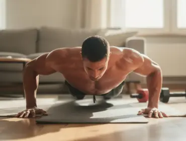 Athlete faisant des pompes salon, pectoraux visiblement definis