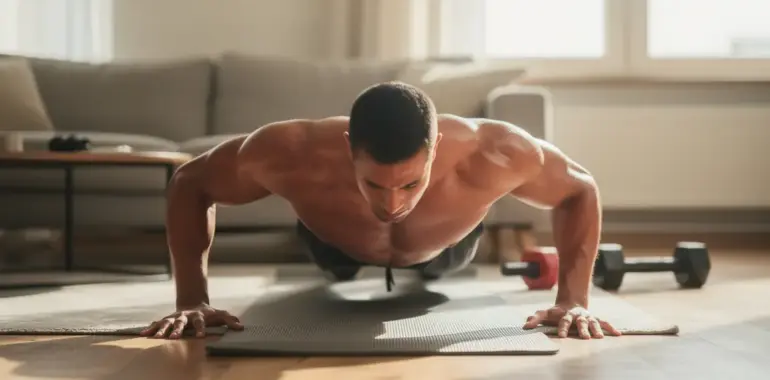 Athlete faisant des pompes salon, pectoraux visiblement definis