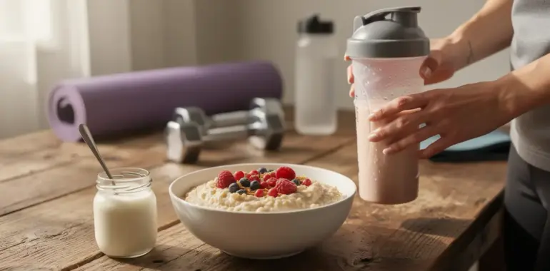 Petit dejeuner seche porridge et shaker proteines