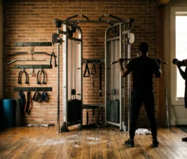 Vue home gym avec poulie de musculation murale et accessoires