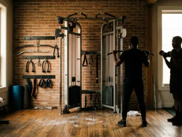 Vue home gym avec poulie de musculation murale et accessoires