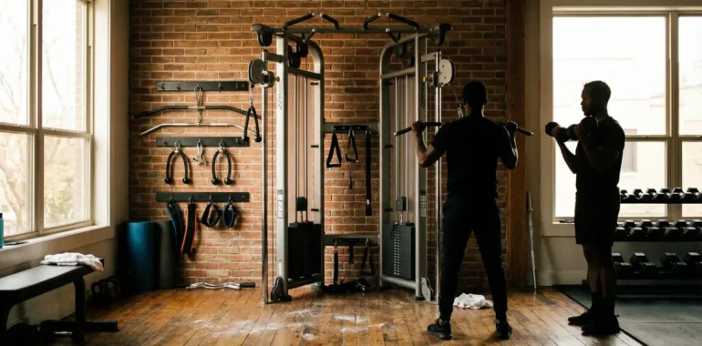 Vue home gym avec poulie de musculation murale et accessoires