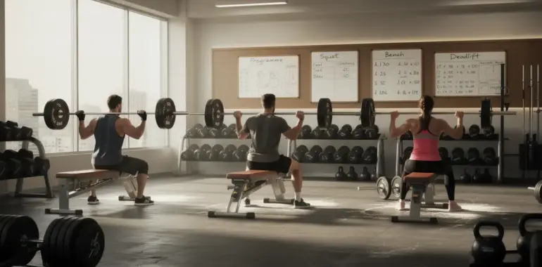 salle gym powerlifting silhouettes squat bench deadlift ambiance dynamique