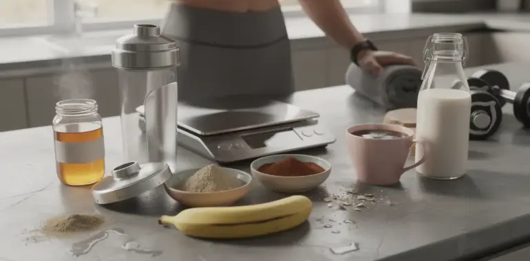 Ingrédients et shaker pour preworkout maison minimaliste