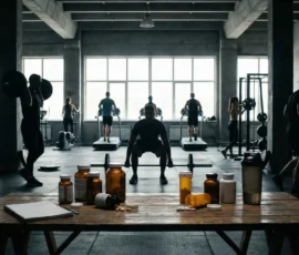 Salle de musculation moderne, suppléments sur table, atmosphère fitness santé