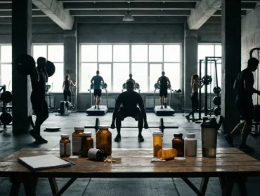 Salle de musculation moderne, suppléments sur table, atmosphère fitness santé