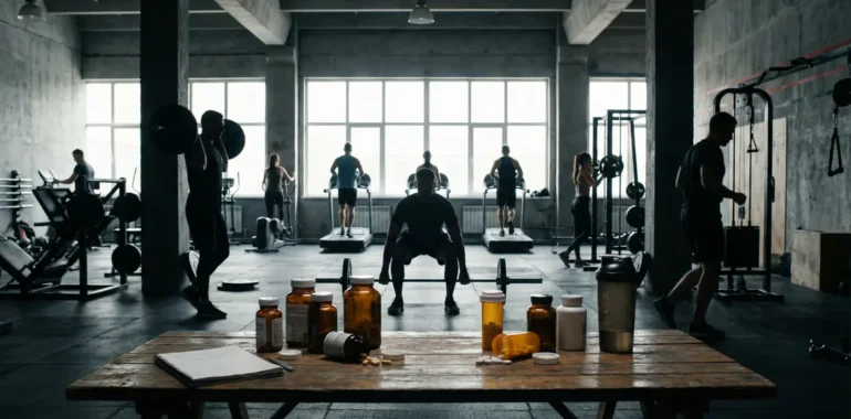 Salle de musculation moderne, suppléments sur table, atmosphère fitness santé