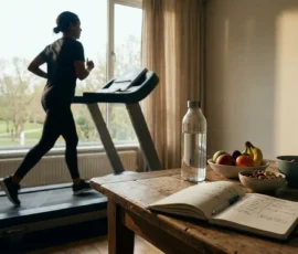Silhouette sur tapis de course, alimentation saine et carnet entraînement