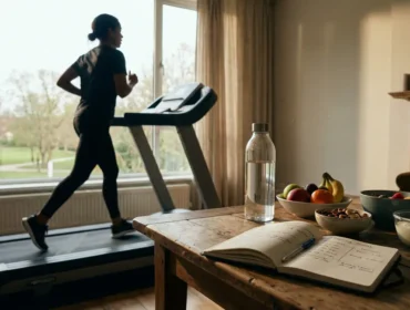 Silhouette sur tapis de course, alimentation saine et carnet entraînement