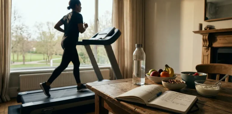 Silhouette sur tapis de course, alimentation saine et carnet entraînement