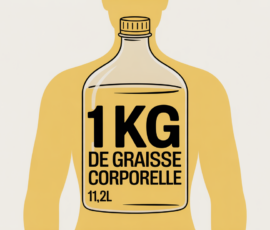 fond blanc, bocal 1,2L contenant 1 kg de graisse, silhouette humaine