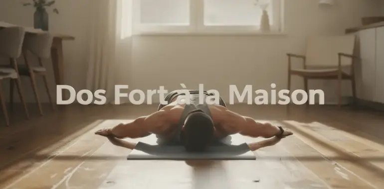 Homme vu de dos effectuant exercice dos maison sur tapis