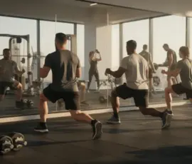 personnes faisant des fentes devant miroir salle moderne