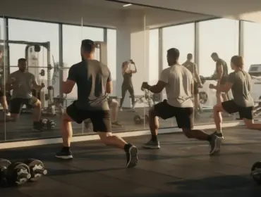 personnes faisant des fentes devant miroir salle moderne